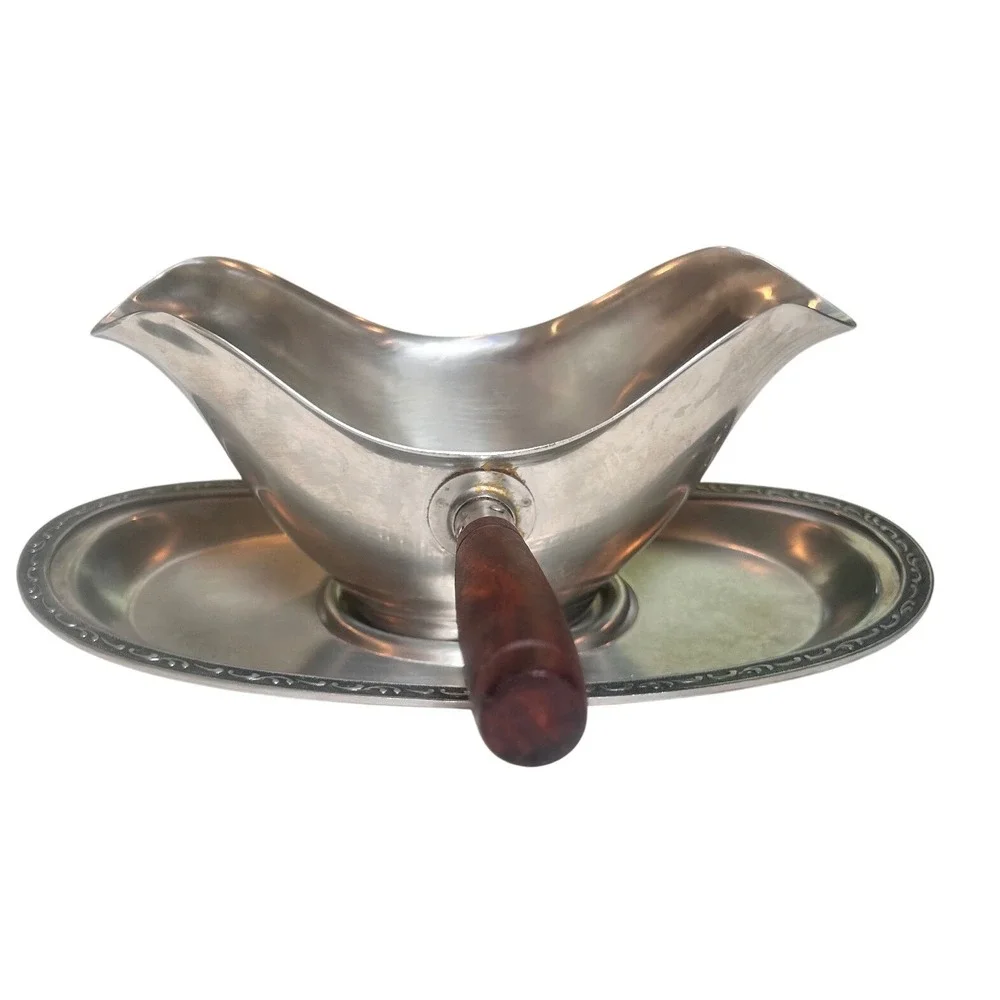 Oneida 18/8 Stainless Steel Gravy Boat with Wood Handle and Underplate Tray Set